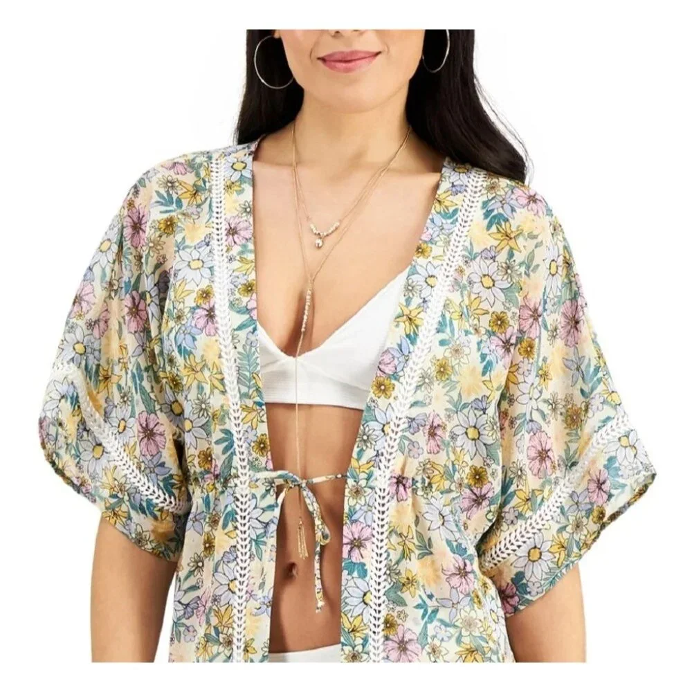 Miken S Kimono Swim Cover up Angora Lavender Retro Floral Eyelet Lace Swimwear